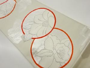 丸文に椿・花葉模様織出し袋帯